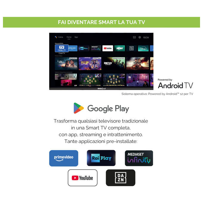 Digiquest RICD1247 AX3 Decoder Combo 4K Ultra HD Triplo Tuner DVB-T2 DVB-S2 tivu'sat Android TV Google Assistant Smartcard Inclusa colore Nero