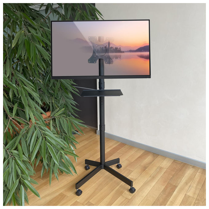 Techly ICA-TR201 Supporto TV da Pavimento con Mensola 32'' 60'' VESA 300x300 rotazione 360° inclinazione 12° 40 Kg colore Nero