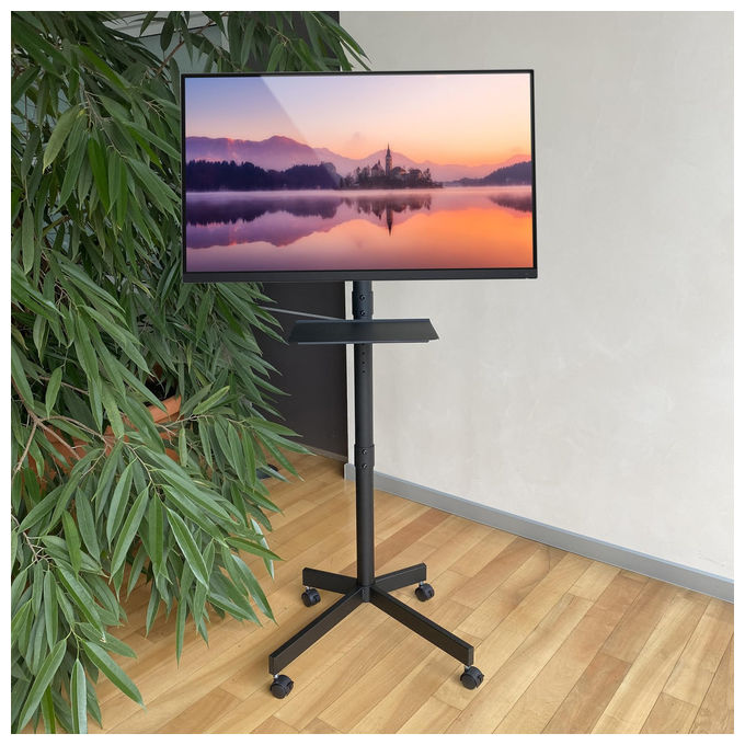 Techly ICA-TR201 Supporto TV da Pavimento con Mensola 32'' 60'' VESA 300x300 rotazione 360° inclinazione 12° 40 Kg colore Nero