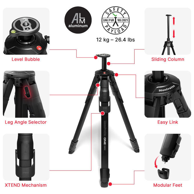 Manfrotto, ONE Photo Treppiede professionale in alluminio, portata 12kg, colonna 90°, nero