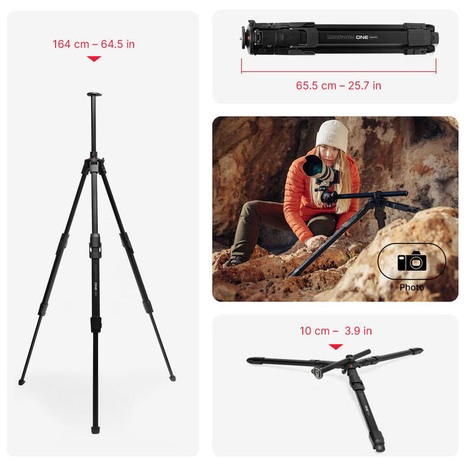 Manfrotto, ONE Photo Treppiede professionale in alluminio, portata 12kg, colonna 90°, nero