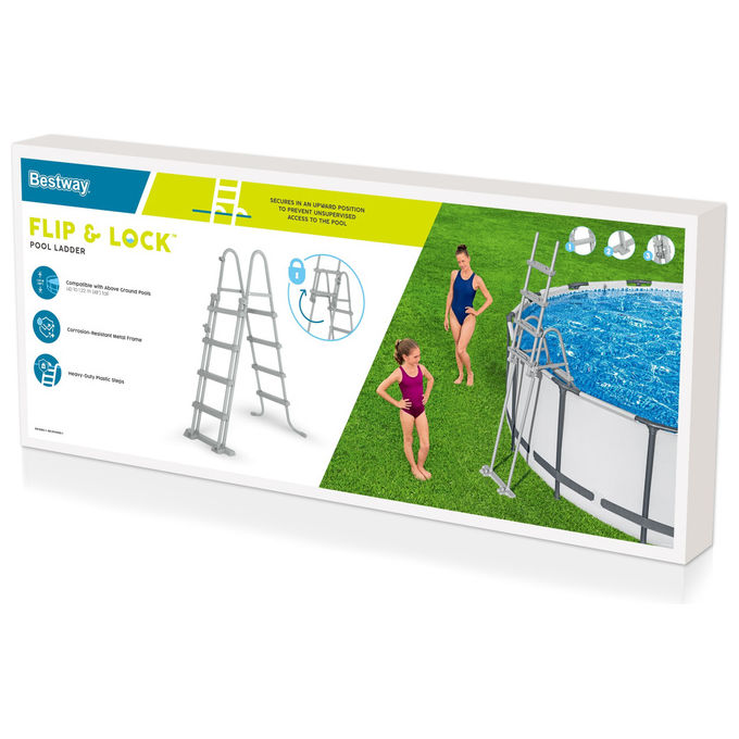 Bestway 58331 Flip and Lock Scaletta di Sicurezza Piscina Fuori Terra 122 cm Acciaio Antiruggine Gradini Antiscivolo 150 Kg