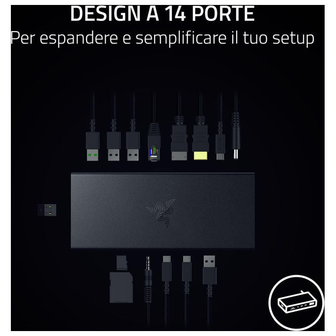 Razer, Docking Station USB 4, Supporto doppio display, 14 Porte, USB-C, USB-A, HDMI, DisplayPort, Nero