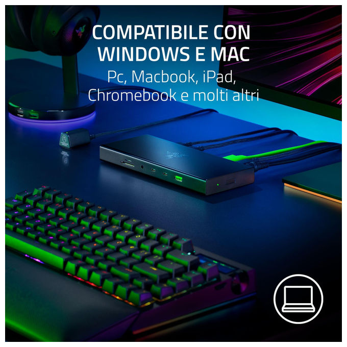 Razer, Docking Station USB 4, Supporto doppio display, 14 Porte, USB-C, USB-A, HDMI, DisplayPort, Nero