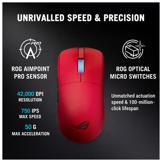ASUS Rog Harpe II Ace Mouse Gaming Wireless Sensore 42K DPI 48g Rosso
