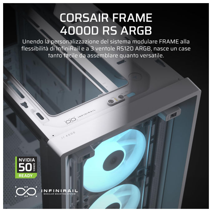 Corsair, Case Midi-Tower ATX 4000D RS ARGB, Bianco, 3 Ventole RS ARGB, per PC Gaming