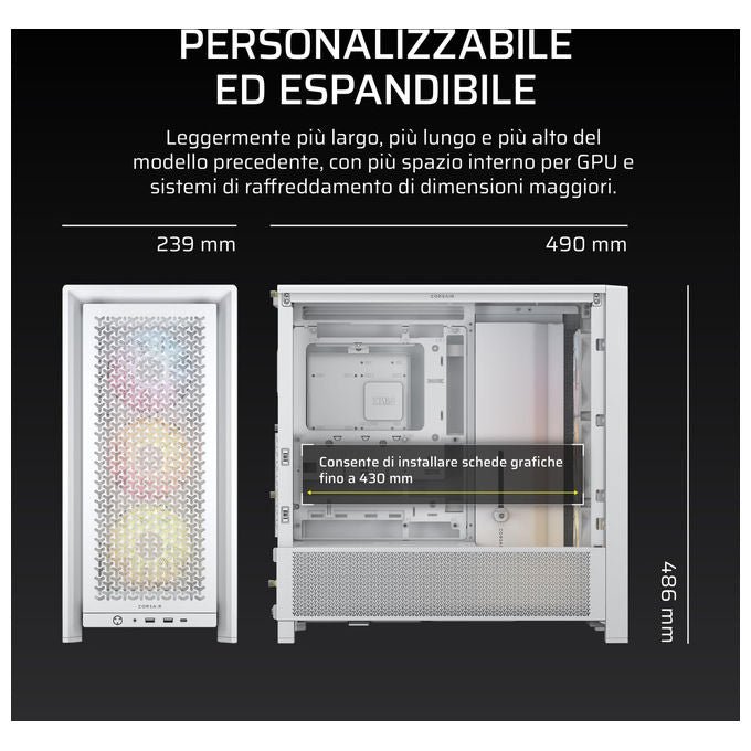 Corsair, Case Midi-Tower ATX 4000D RS ARGB, Bianco, 3 Ventole RS ARGB, per PC Gaming