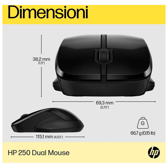 HP 6V2J7AA 250 Mouse Wireless Dual Mode Bluetooth 5.0 USB-A 1600 DPI Ambidestro colore Nero