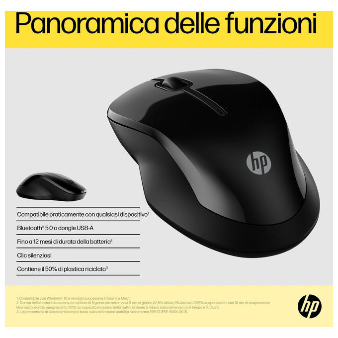 HP 6V2J7AA 250 Mouse Wireless Dual Mode Bluetooth 5.0 USB-A 1600 DPI Ambidestro colore Nero