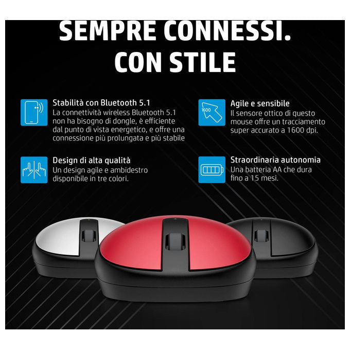 Hp, Mouse Bluetooth 240, Ottico, 1600 DPI, 3 Pulsanti, Nero