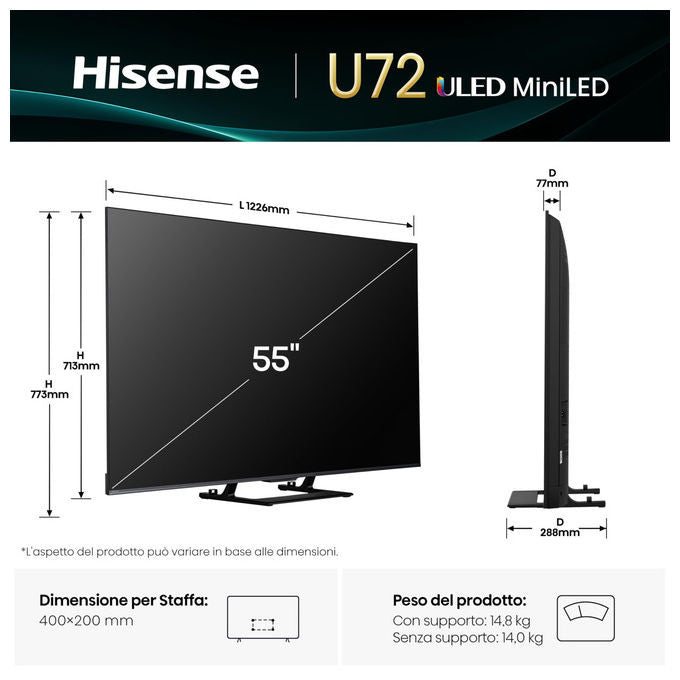 Hisense, Tv Mini-Led 55U72Q, 55 Pollici, 4K 144Hz, Smart Tv, Dolby Vision Atmos