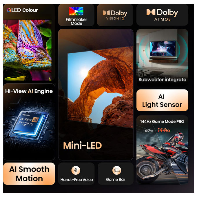 Hisense, Tv Mini-Led 55U72Q, 55 Pollici, 4K 144Hz, Smart Tv, Dolby Vision Atmos