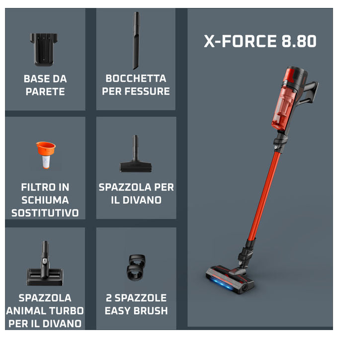 Rowenta RH1872 X-Force 8.80 Aspirapolvere Senza Filo Ciclonica 1 L 100 AW 60 min Animal Care 4 in 1 colore Rosso