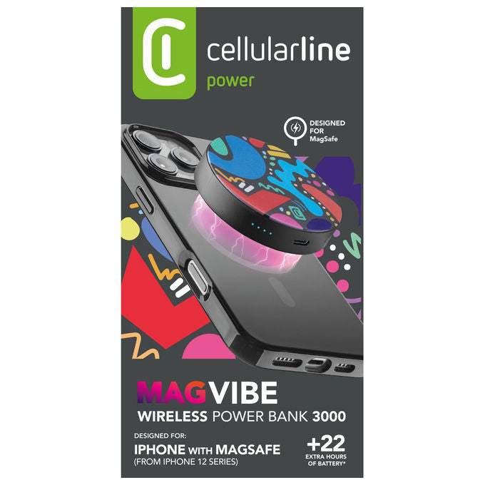 Cellularline Mag Vibe power bank MagSafe, 3000 mAh, ricarica wireless 5W, porta USB-C 12W, compatto, nero