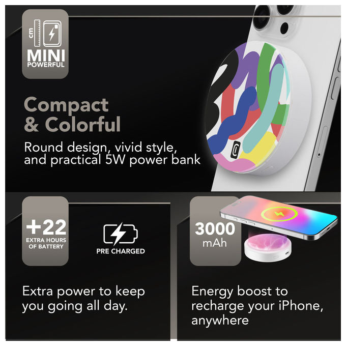 Cellularline Mag Vibe 3000, power bank MagSafe 3000 mAh, ricarica wireless 5W, porta USB-C 12W, compatibile iPhone, Bianco