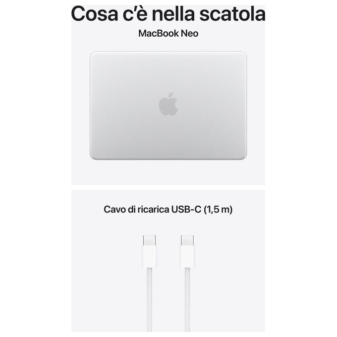 Apple MacBook Neo 13'', chip A18 Pro, cpu 6 core, gpu 5 core, 8GB RAM, 256GB SSD, display Liquid Retina, argento