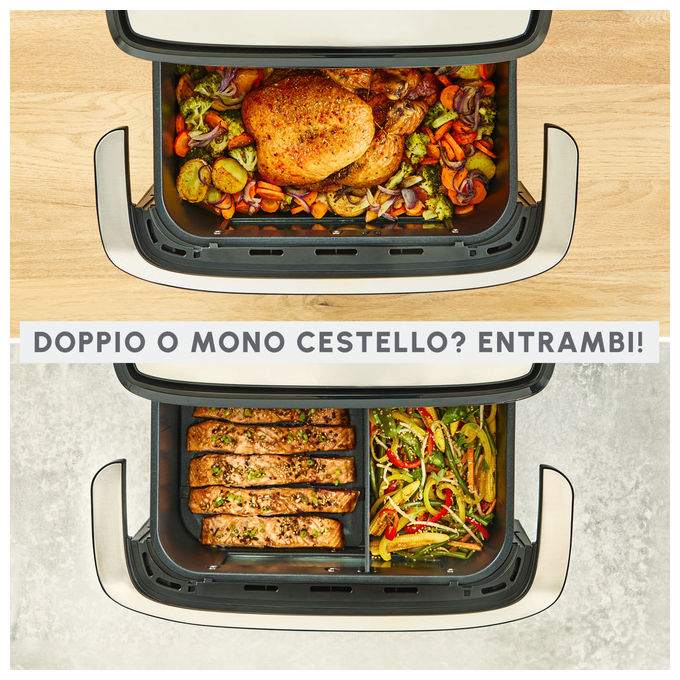Moulinex Dual Easy Fry Flex EZ922DF0, friggitrice ad aria, 9 L, doppia zona, divisore FlexCook rimovibile, 2700 W, nera