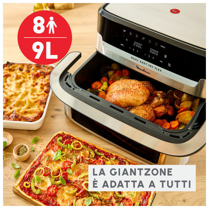 Moulinex Dual Easy Fry Flex EZ922DF0, friggitrice ad aria, 9 L, doppia zona, divisore FlexCook rimovibile, 2700 W, nera
