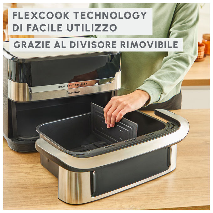 Moulinex Dual Easy Fry Flex EZ922DF0, friggitrice ad aria, 9 L, doppia zona, divisore FlexCook rimovibile, 2700 W, nera