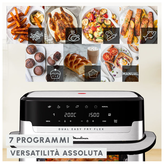 Moulinex Dual Easy Fry Flex EZ922DF0, friggitrice ad aria, 9 L, doppia zona, divisore FlexCook rimovibile, 2700 W, nera