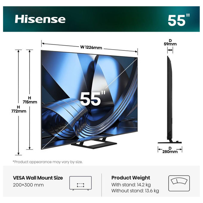 Hisense 55U79SE, smart tv 55 pollici 4K ULED, 144 Hz, Dolby Atmos, Wi-Fi dual band, HDR10+, nero