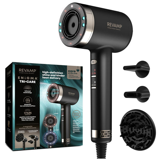 Revamp asciugacapelli Tri-Care DR-7250-EU, ionico a infrarossi, luce rossa e blu, 3 accessori magnetici, 1600W, silenzioso
