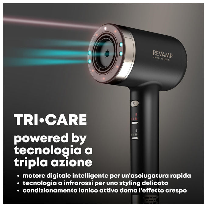 Revamp asciugacapelli Tri-Care DR-7250-EU, ionico a infrarossi, luce rossa e blu, 3 accessori magnetici, 1600W, silenzioso