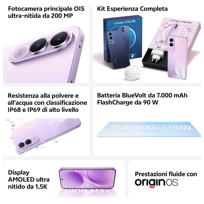 Vivo V70 Fe, smartphone 5G, 6,83'' AMOLED 120 Hz, 200 MP, 8 GB RAM, 256 GB, batteria 7000 mAh, IP68, Viola