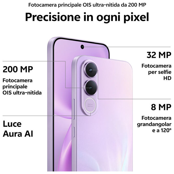 Vivo V70 Fe, smartphone 5G, 6,83'' AMOLED 120 Hz, 200 MP, 8 GB RAM, 256 GB, batteria 7000 mAh, IP68, Viola