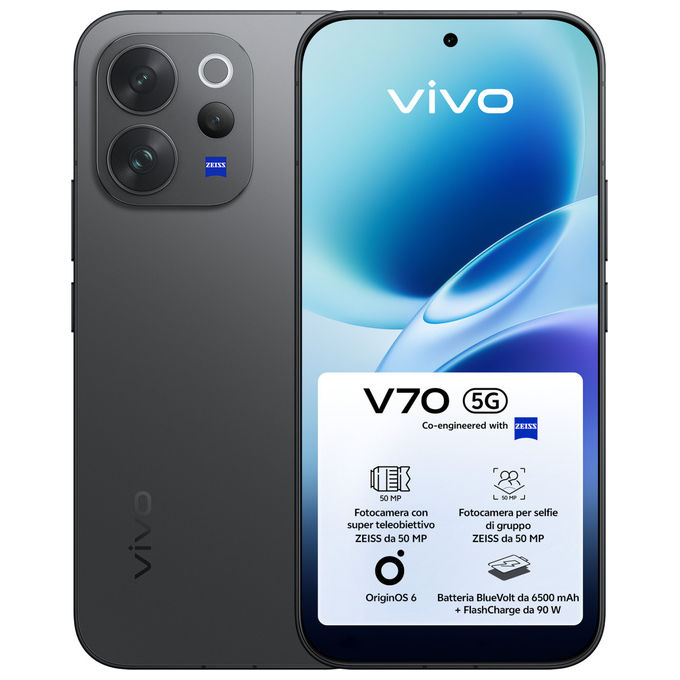 Vivo V70 Smartphone 5G 6.59'' AMOLED 120Hz Snapdragon 7 Gen 4 8 GB 512 GB Tripla Fotocamera 50 MP OIS 6500 mAh colore Nero