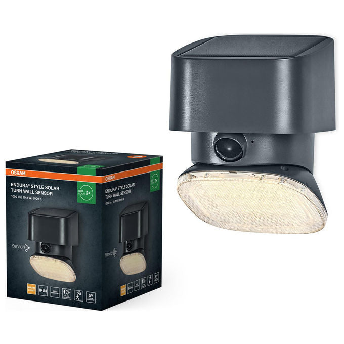 OSRAM Endura Style Solar Bright Turn, lampada solare da parete, sensore di movimento, IP54, 890 lm, testa regolabile, grigio scuro