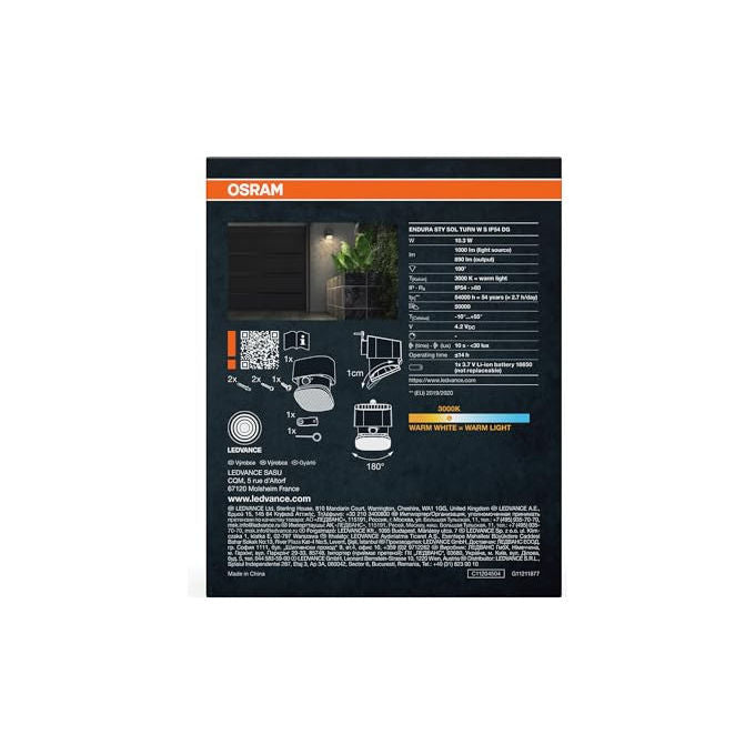 OSRAM Endura Style Solar Bright Turn, lampada solare da parete, sensore di movimento, IP54, 890 lm, testa regolabile, grigio scuro