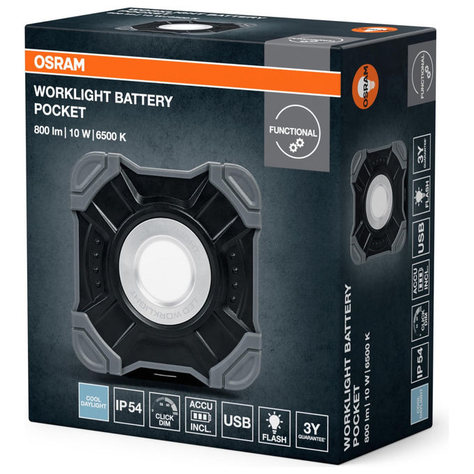 Osram lampada da lavoro a led portatile, 10W, 800 lm, 6500K, ricaricabile USB-C, IP54, funzione power bank