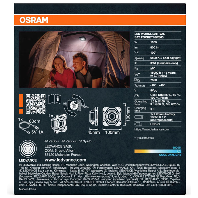 Osram lampada da lavoro a led portatile, 10W, 800 lm, 6500K, ricaricabile USB-C, IP54, funzione power bank