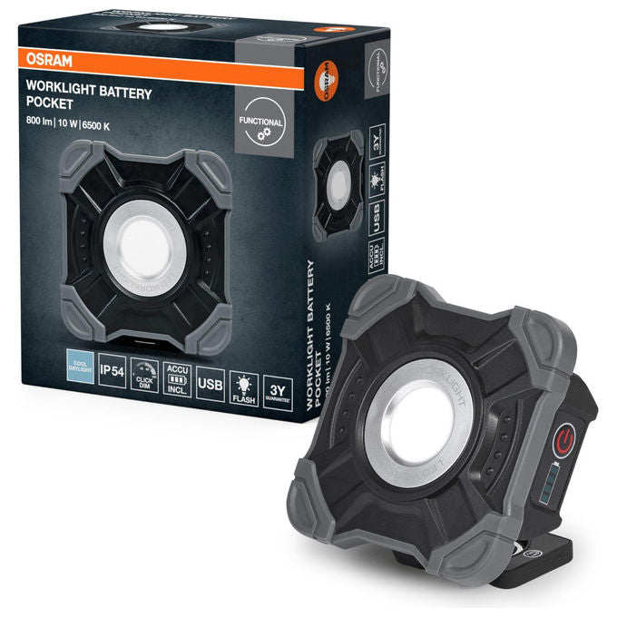 Osram lampada da lavoro a led portatile, 10W, 800 lm, 6500K, ricaricabile USB-C, IP54, funzione power bank