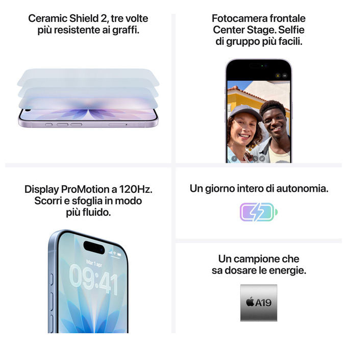 Apple MG6T4QL-A iPhone 17 Smartphone 512GB Display 6.3'' OLED ProMotion 120Hz Chip A19 5G Wi-Fi 7 IP68 colore Azzurro Nebbia