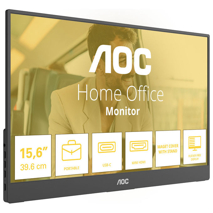 AOC monitor portatile 15,6 pollici Full HD IPS, 16T20E2, USB-C, Mini HDMI, touchscreen, nero