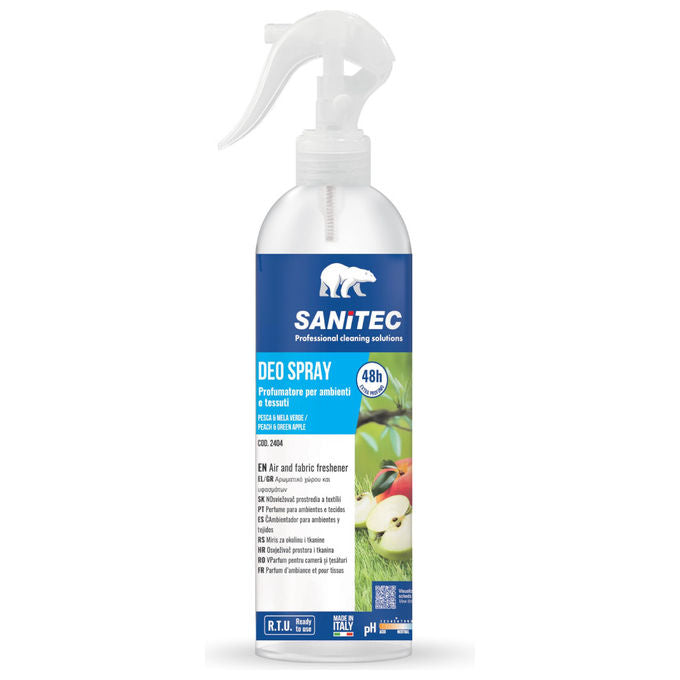 Sanitec deo spray profumatore ambienti e tessuti, pesca e mela verde, 300 ml, elimina odori, profumazione fino a 48 ore