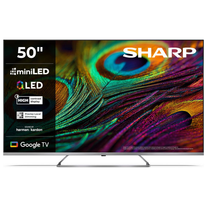 Sharp 50JP7265E, smart tv 50 pollici, 4K MiniLED QLED, Google TV, Harman Kardon, Dolby Vision, HDR10, DVB-T2, grigio chiaro