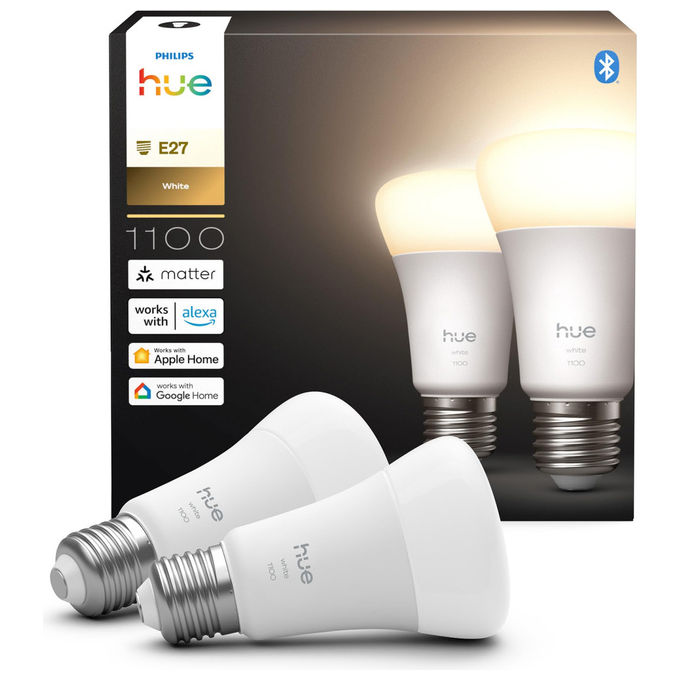 Philips Hue lampadine smart led E27, luce bianca calda 2700K, 1100 lumen, dimmerabile, confezione da 2, compatibile Alexa e Google