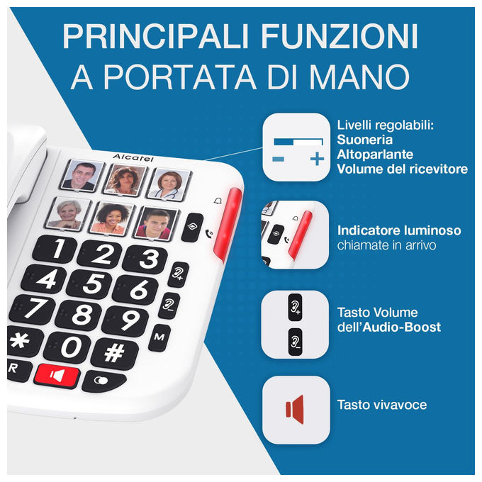 Alcatel TMAX 10+, telefono fisso con filo per anziani, tasti grandi, vivavoce, audio boost, tasti con foto, suoneria forte, compatibile apparecchi acustici