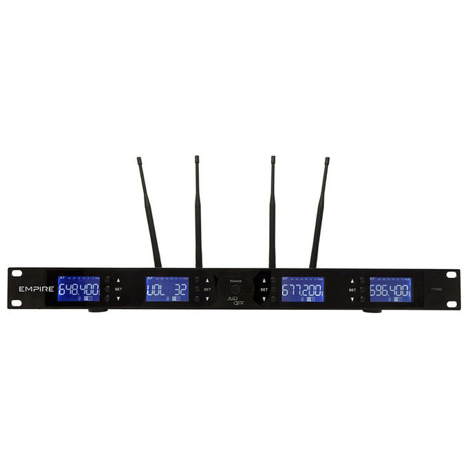 Empire ricevitore UHF a rack 4 canali, 32 frequenze selezionabili, 630-665 MHz, uscite XLR bilanciate, display LCD