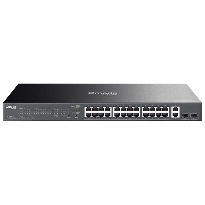 TP-Link Omada ES228GP, switch gestito L2, 26 porte Gigabit, 24 porte PoE+, 2 slot SFP, 250W, montaggio rack, nero