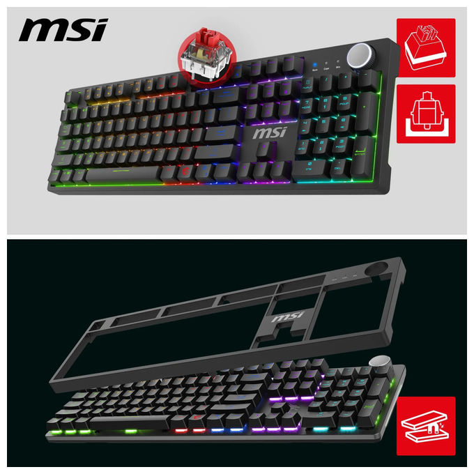 Msi Forge GK320, kit tastiera e mouse gaming, meccanica full-size, switch rossi lineari, hot-swappable, RGB, layout italiano