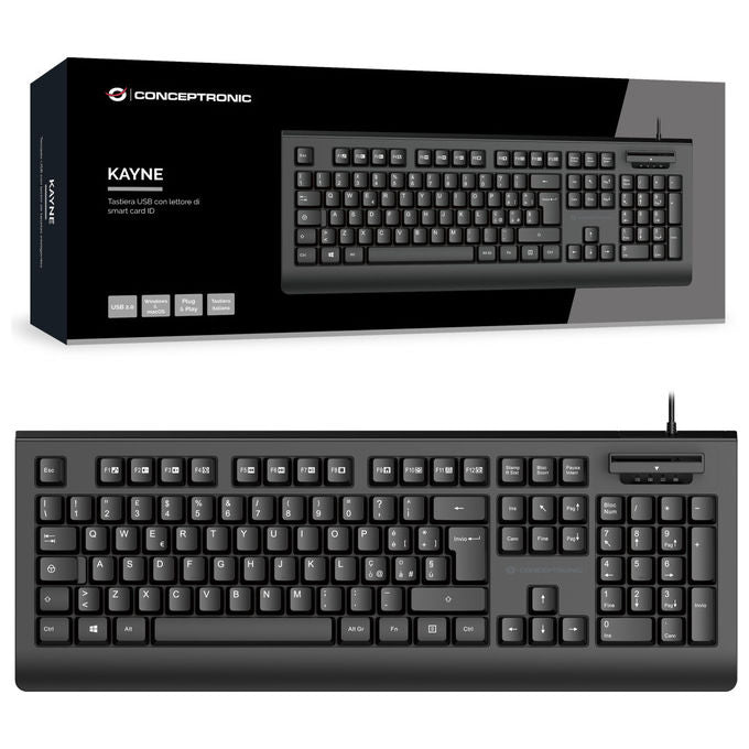 Conceptronic tastiera USB QWERTY italiana, KAYNE01IT, full-size, lettore smart card integrato, cablata, nero
