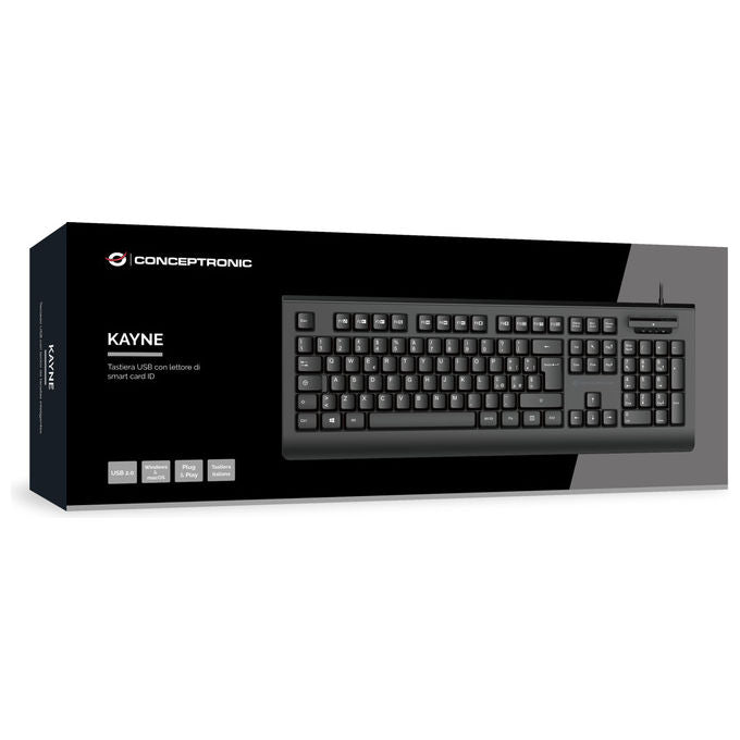 Conceptronic tastiera USB QWERTY italiana, KAYNE01IT, full-size, lettore smart card integrato, cablata, nero