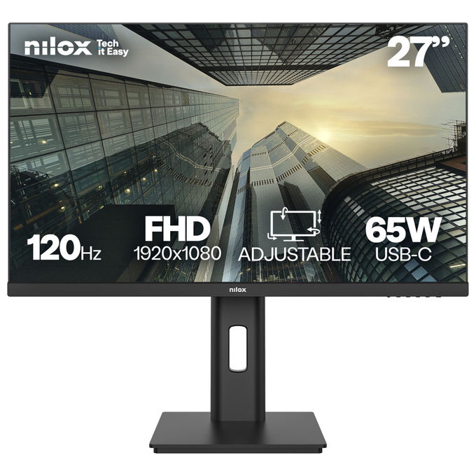 Nilox monitor 27 pollici IPS Full HD, 120 Hz, 4 ms, USB-C 65W, DisplayPort, HDMI, regolabile, nero