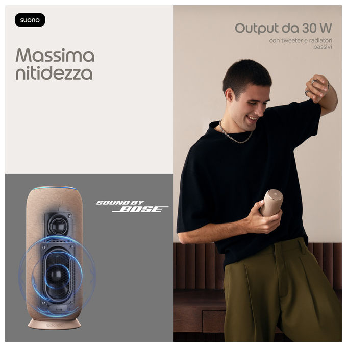 Motorola Moto Sound Flow, altoparlante portatile 30W, Sound by Bose, Wi-Fi Bluetooth, IP67, 12h, grigio talpa