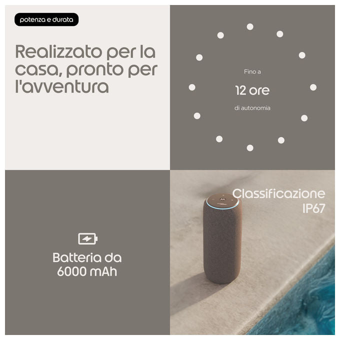 Motorola Moto Sound Flow, altoparlante portatile 30W, Sound by Bose, Wi-Fi Bluetooth, IP67, 12h, grigio talpa