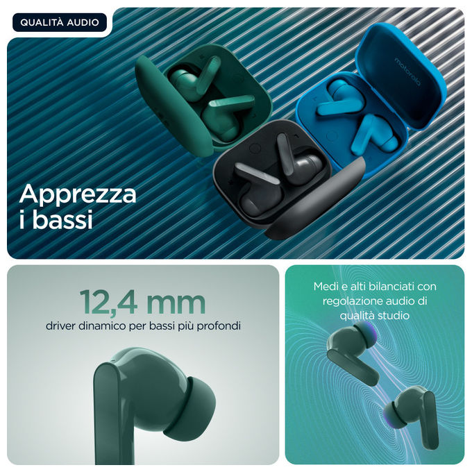 Motorola Moto Buds Bass, auricolari true wireless in-ear, cancellazione attiva del rumore, driver 12,4 mm, bluetooth 5.3, verde Posy